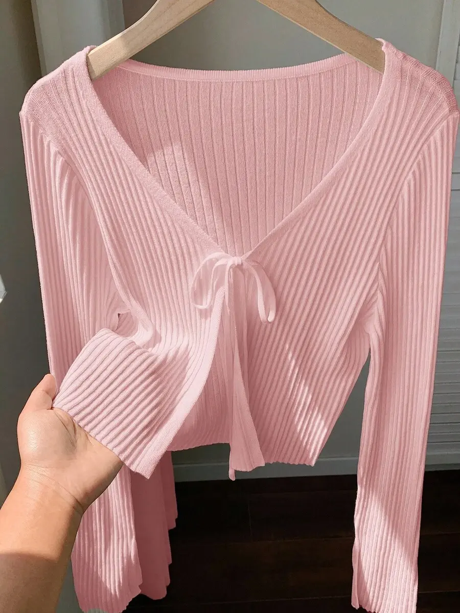 Women's Casual Minimalist Solid Color Knotted Front Lightweight Cardigan, For Daily Wear Pink Tie Top Cropped Sweater Y2k In Fall/Winter - Back to School Outfits, Fall Outfits