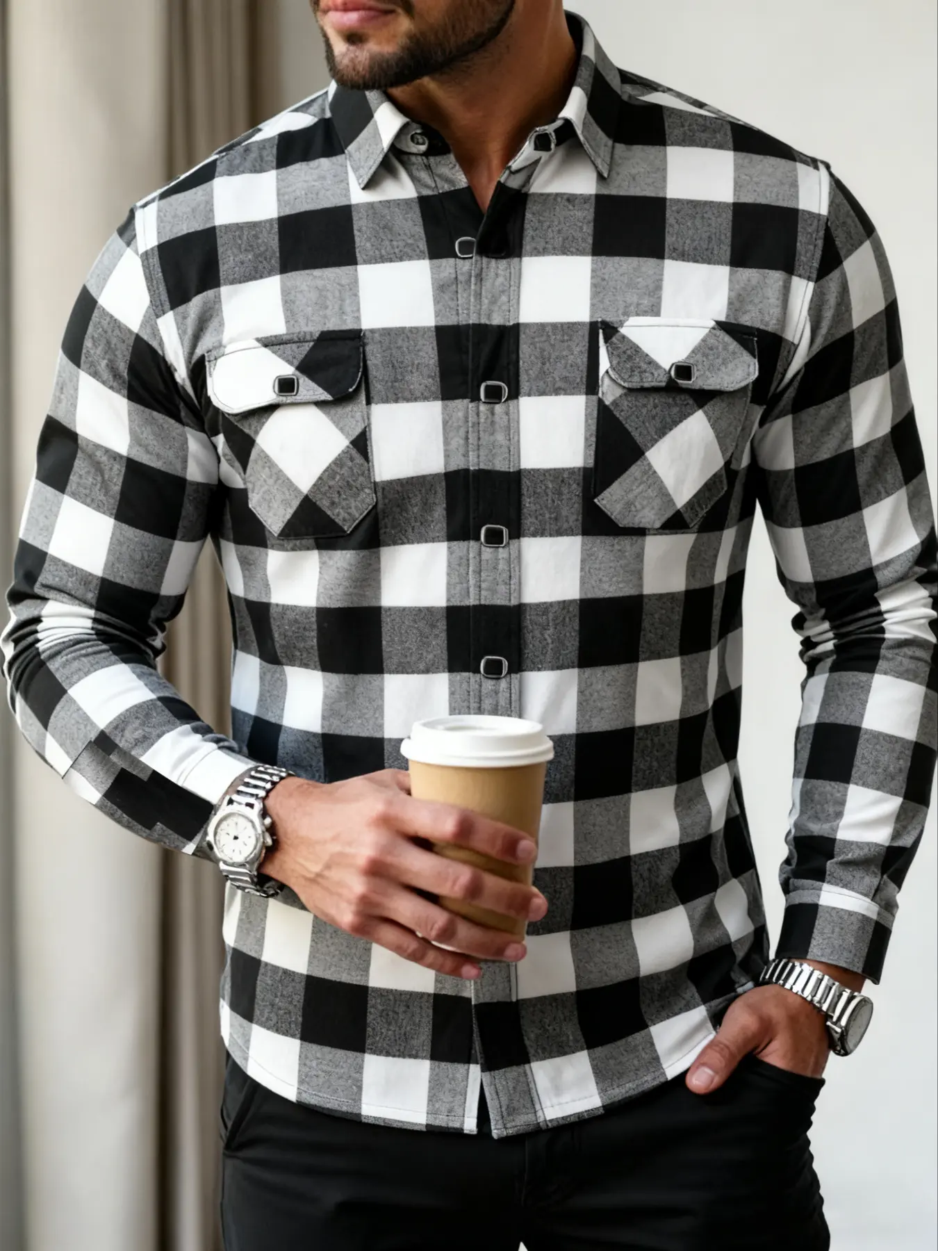 Men's Vintage Checkered Plaid Long Sleeve Fitted Shirt, Heavyweight Workwear Dual Pocket, Retro Street Style Casual Classic Grid Top