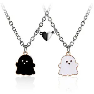 2 count Lovely  Love Heart Ghost Pendant Necklace Set for Women Men   Enamel Mutual Attract  Couple Matching Necklace Halloween  Birthday