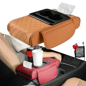 Multifunctional PU Leather Car Armrest Box Mat, The Ultimate in Automotive Space Utilization, 5-in-1 Center Console Cover with 2 Storage Bags Cup Holder, Tissue Box Slot, Phone Slot (Orange)