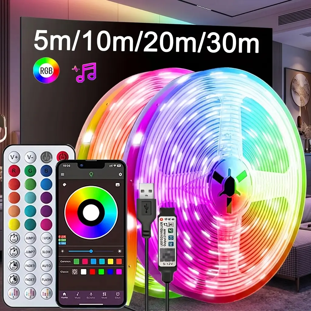 RGB LED Strip Lights (16.4ft-100ft), Bluetooth APP-Controlled Color-Changing Lighting Accessory for Bedroom Home Decor