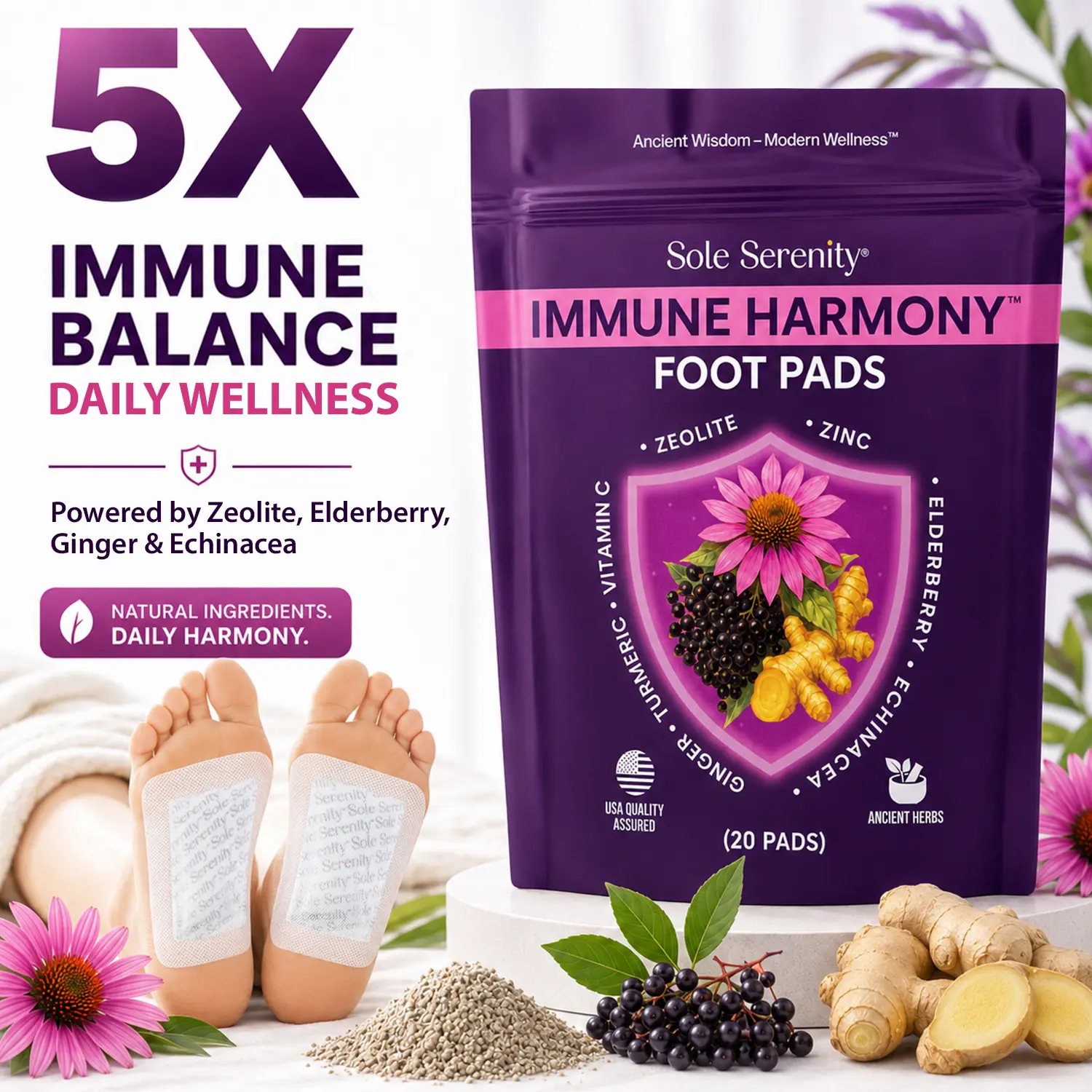 Sole Serenity Immune Harmony Foot Pads with Vitamin C, Elderberry, Echinacea, Ginger & Zinc -Herbal Wellness for Overall Body Balance (20 Pads)