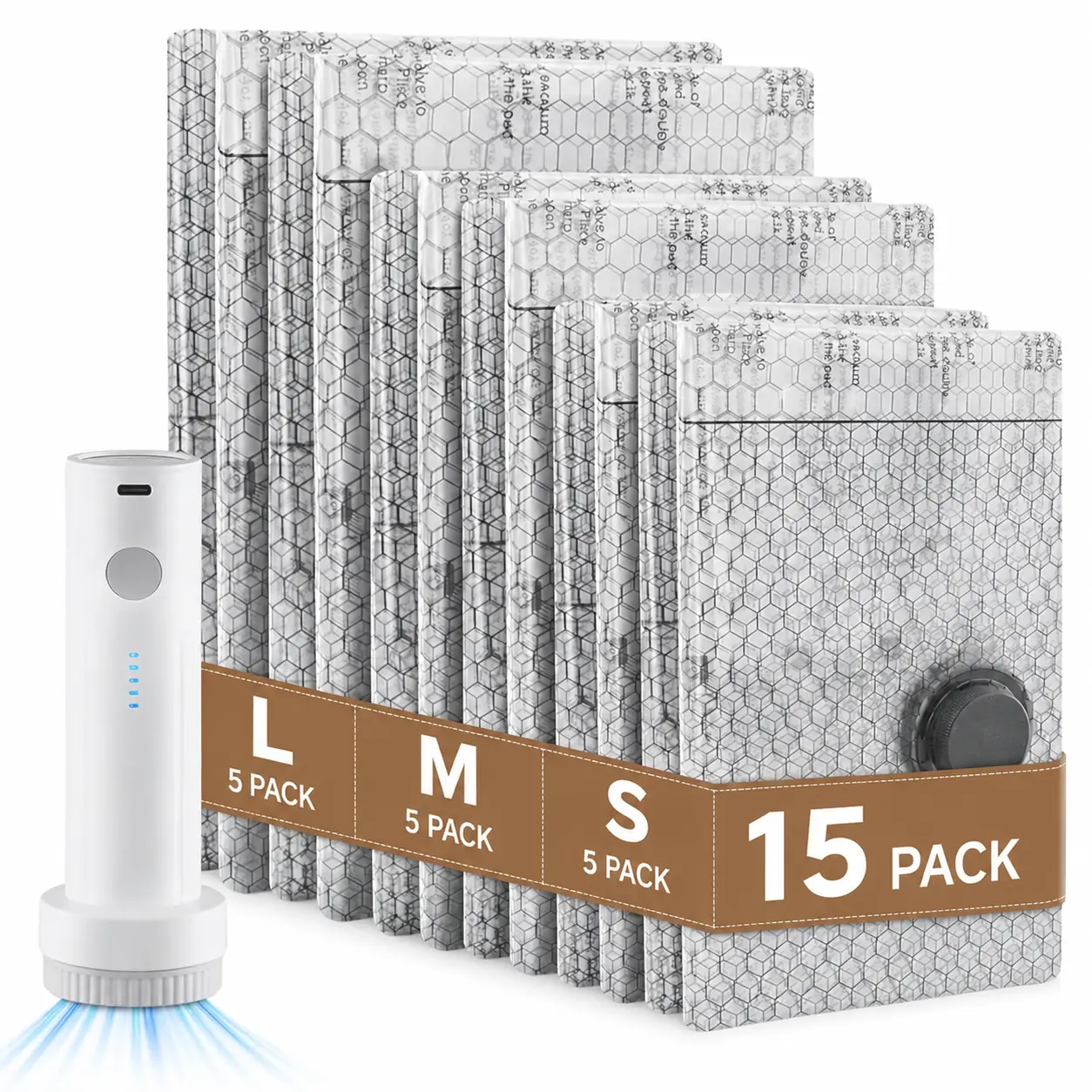 Waterproof Rechargeable Vacuum-Sealing Storage Compression Bag Set (15 Pack, 3 Sizes) - Cordless USB-Built-in Battery Hand Pump, Eco-Friendly Zip-Closure Home Organizer for International Flights Carry-On Suitcases, Water Proof