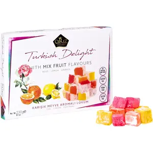 Turkish Delight with Rose, Orange and Lemon Mix Flavours 8.1 Oz Gourmet Small Size Snacks Gift Box, No Nuts Sweet Traditional Confectionery Vegan Candy Dessert Lokum Loukoumi Approx.32Pcs