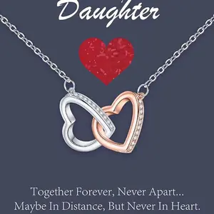 Fashionable rose gold double-ring two-tone interlocking double-heart necklace, a gift for a daughter