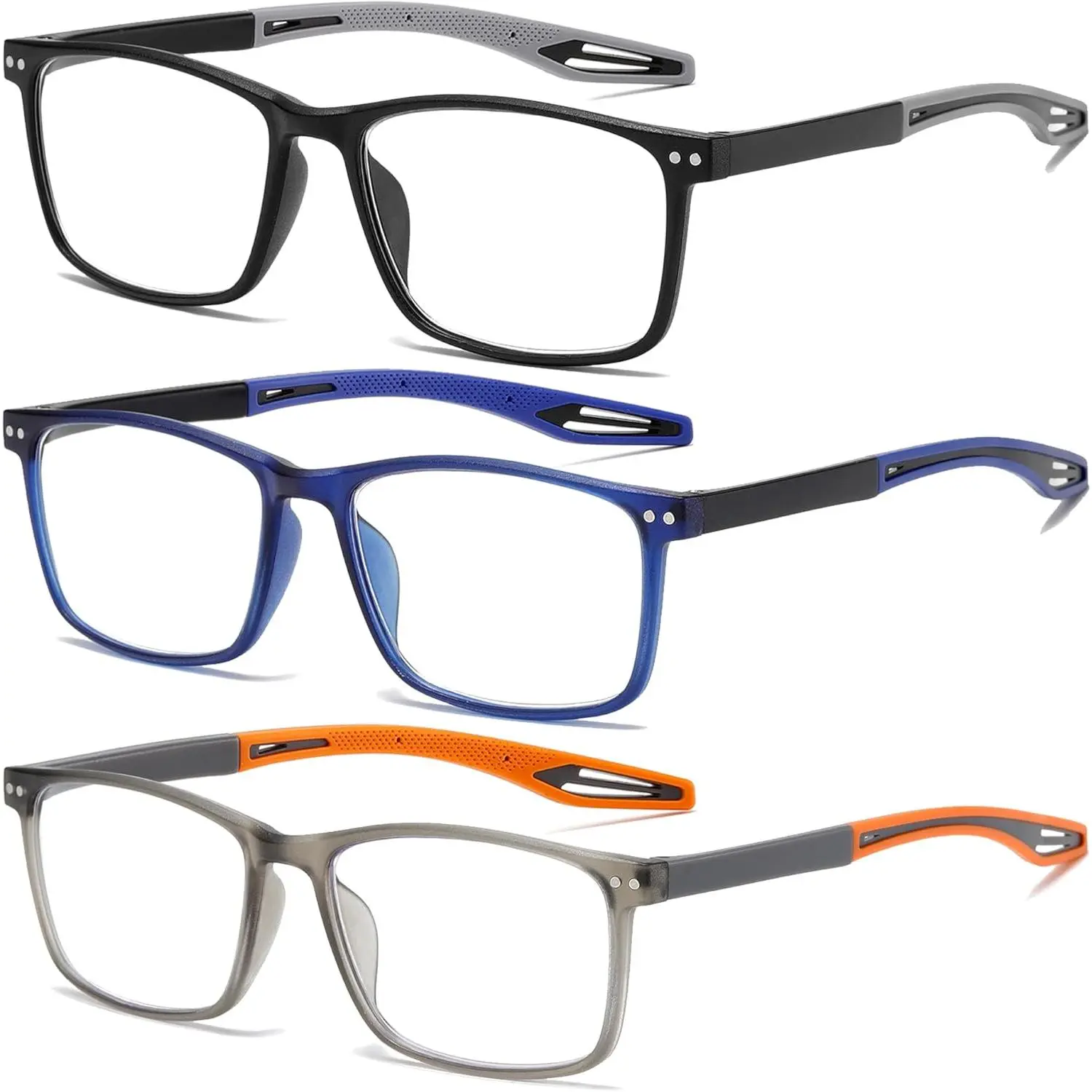 Men's Sporty TR90 Reading Glasses (3-Pair Set) - Rubber Frame, Lightweight Optical Materials, A-Grade Bluelight Blocking High Definition Glasses, Rubber-Tip, Fatigue Reduction for Screen Time & All-Day Wear, Three Pairs