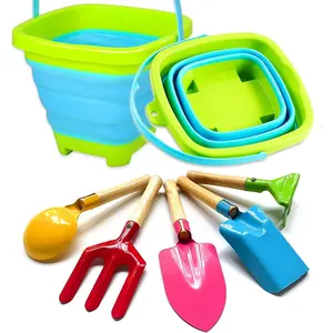 Kids Gardening Tools Collapsible Bucket and Shovels Set, Foldable Sand Bucket and 5pcs Metal Shovels Beach Toys for Kids Digging, Party, Camping Gear and Fun Summer Activities
