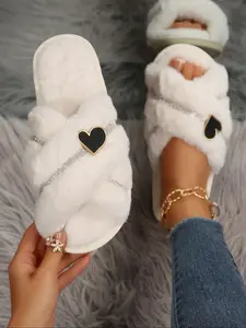 Women's New Fuzzy Home Slippers, Fashion Design, Cross Strap, Heart & Stripe Rhinestones, Soft Plush, One-Piece Wear, Fall&winter, Soft Non Slip