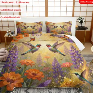 3pcs, 2D flat print Watercolor Hummingbird & Butterfly Quilted Bedspread Set multiple sizes available, bedding set, festive decorative bedding, ideal for bedroom décor(1 bedspread , 2 pillowcase)