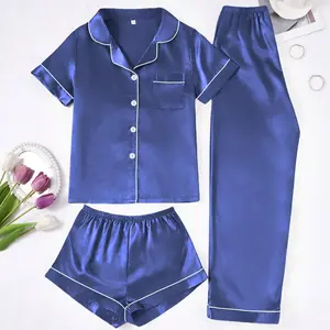 Women's 3-Piece Satin Pajama Set - Solid Blue Collared Short Sleeve Top, Elastic Waist Shorts & Long Pants, Soft Luxury Loungewear
