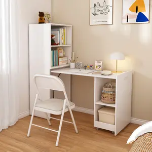 Stretchable Desk Home Office L Shaped Desk with Storage Shelves and Mobile Wheels, Foldable Desk suitable for Small Apartments and Offices