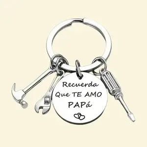 Fathers Day Dad Tool Keychain Stainless Steel Mini Hammer Wrench Screwdriver Car Key Ring with Paper Card Gift Box Engraved Recuerda Que Te Amo Papá Gift for Men Papa Grandpa