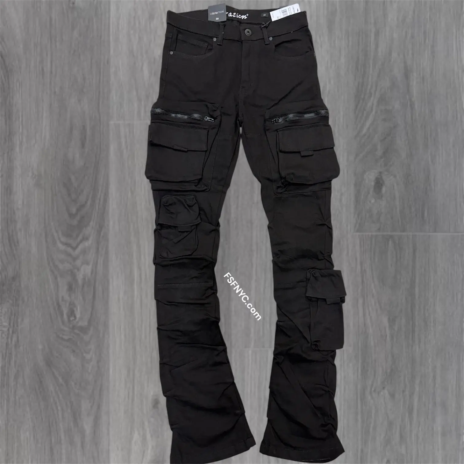 L - Stacked Cargo Pants - Jet Black-  7094z