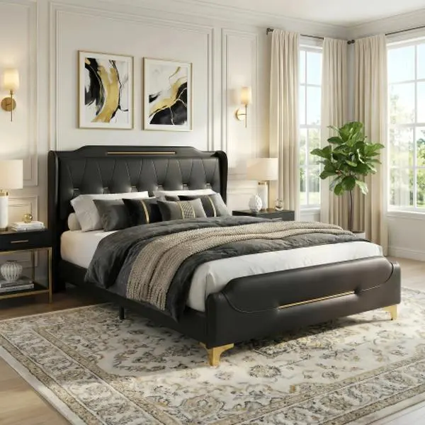 Bellemave Modern Upholstered Bed Frame, Queen Size Platform Bed with Wingback Headboard, PU Leather Upholstery, No Box Spring Needed, Noise Free, Heavy Duty Bed Frame for Bedroom