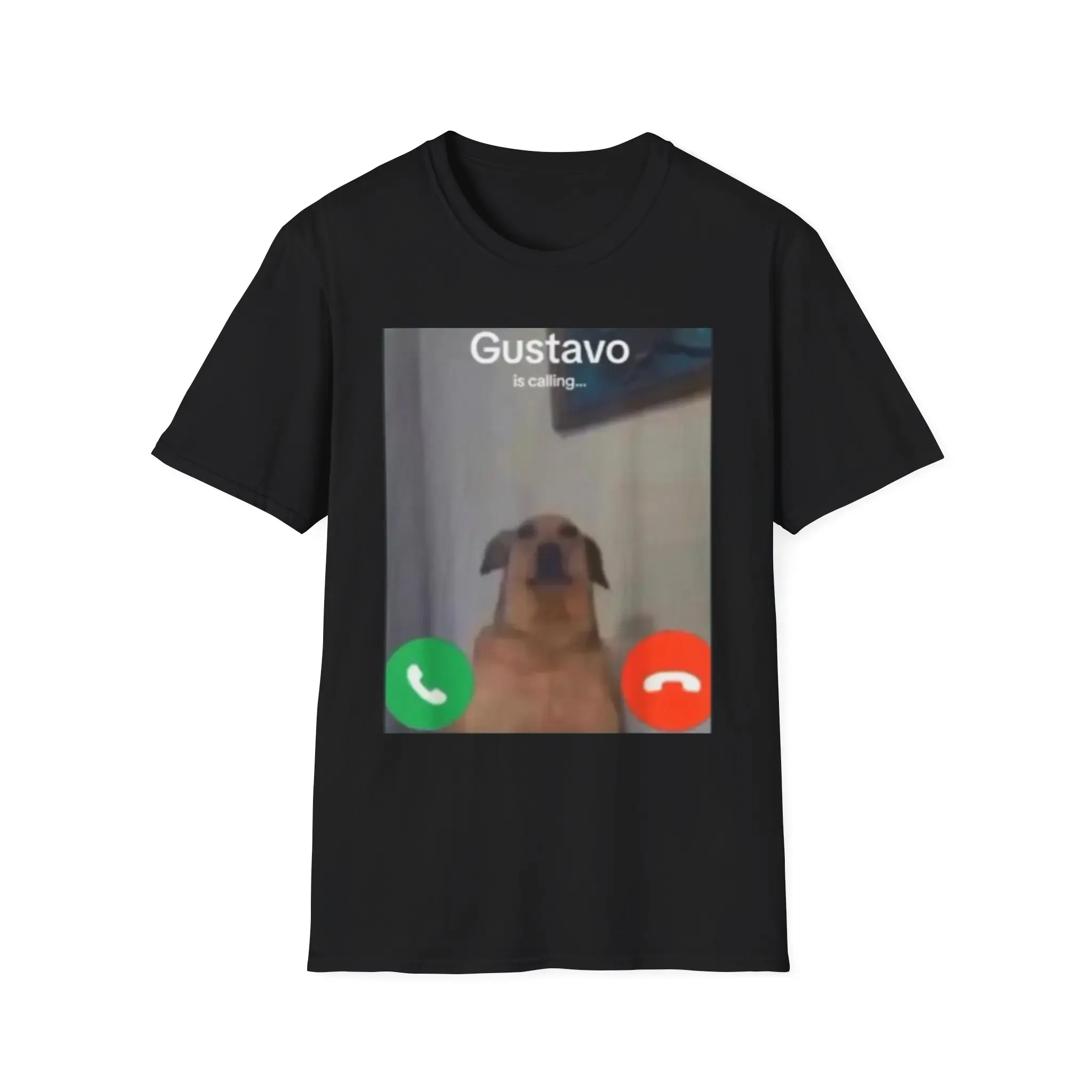 Gustavo Is Calling Dog Meme T-Shirt, Funny Incoming Call Phone Screen Apparel, Unisex Softstyle Casual Top, Premium Lightweight Cotton Crewneck Streetwear Graphic Tee