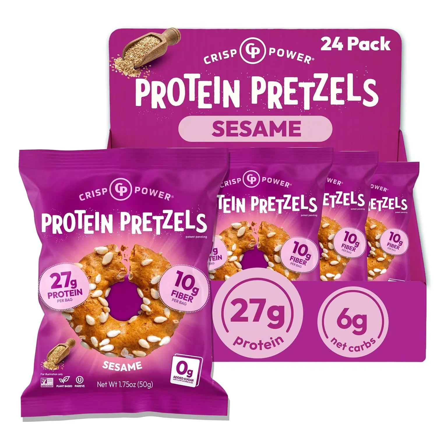 Crisp Power Variety Pack Protein Pretzels, High Protein Snack, 6 Pack | Up to 28g Protein, Vegan, Keto, Plant Based, Healthy Snack, High Fiber, Low Carb, No Added Sugar