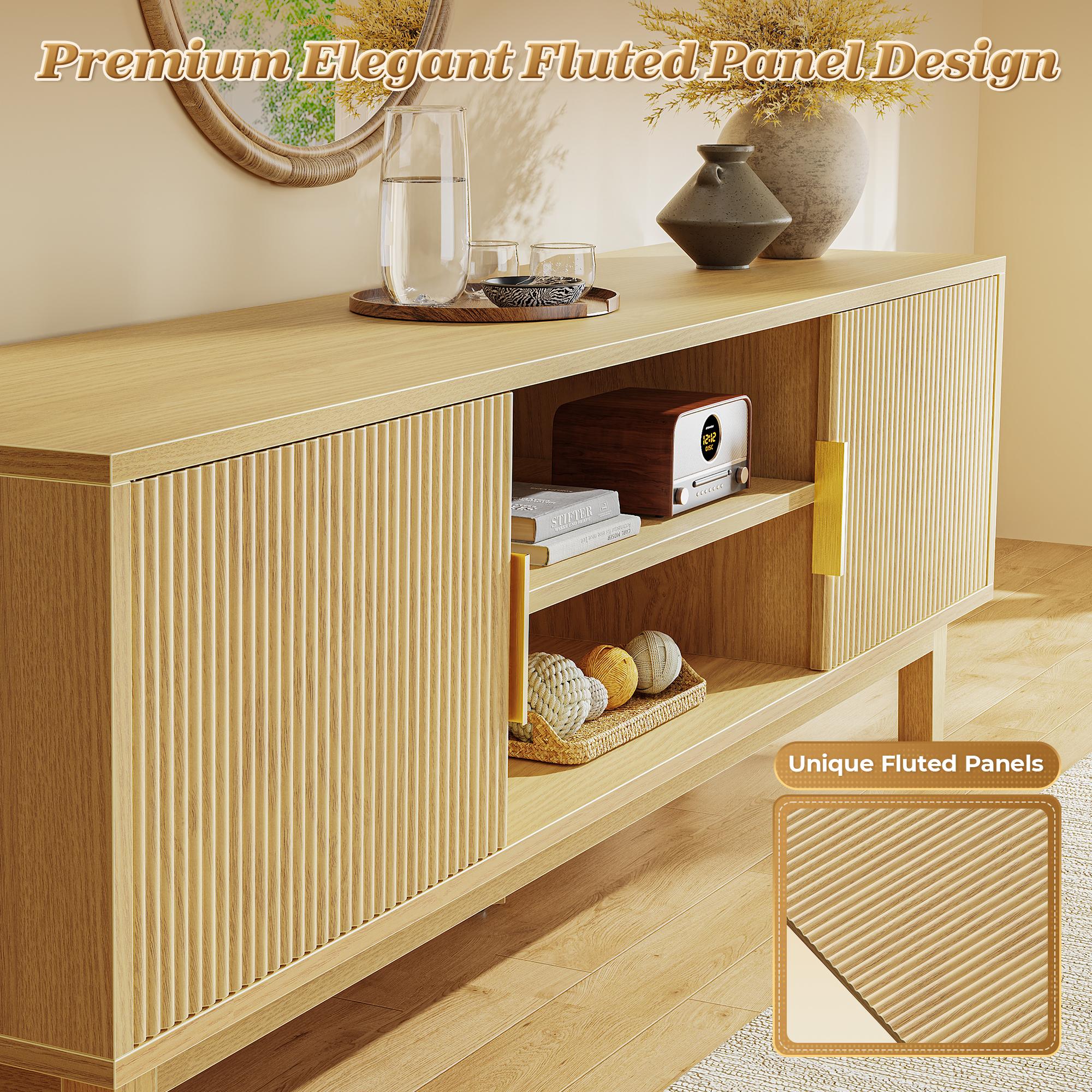 PRAISUN Fluted TV Stand for TVs Up to 55, 60 Inch, Mid Century Modern Entertainment Center with Storage, TV Console with Adjustable Shelves, Midea Console for Living Room Bedroom