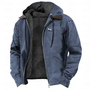 Solid Color Hooded Cotton Jacket Casual Men's Fleece Lined Zipper Pocket Jacket Coat