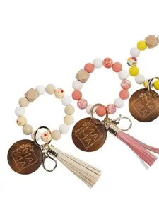 Mother's Day Gift Mama Silicone Bead Wood Slice Fringe Beaded Keychain, Handmade Silicone Bead Bracelet, Elastic Rope Fringe Keychain Bracelet