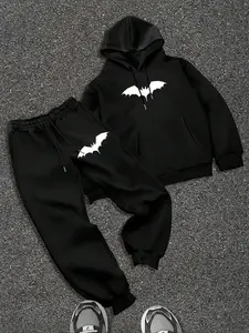 Two-piece Set Men's Bat Print Thermal Lined Hoodie & Drawstring Waist Sweatpants Sports Sweat Suit, Casual Long Sleeve Hooded Sweatshirt & Pocket Jogger Pants, Men's Sportswear  for Fall & Winter