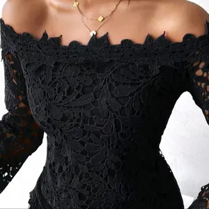 Women's Off-Shoulder Black Lace Top with Long Sleeves - Womenswear, Underwear