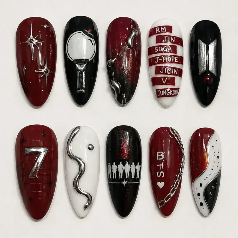 Bts Army Press On Nails, 3D Silver Red Kpop Gel Set, Custom Fandom Art, OT7 Concert Nails, Handmade Gel Nails
