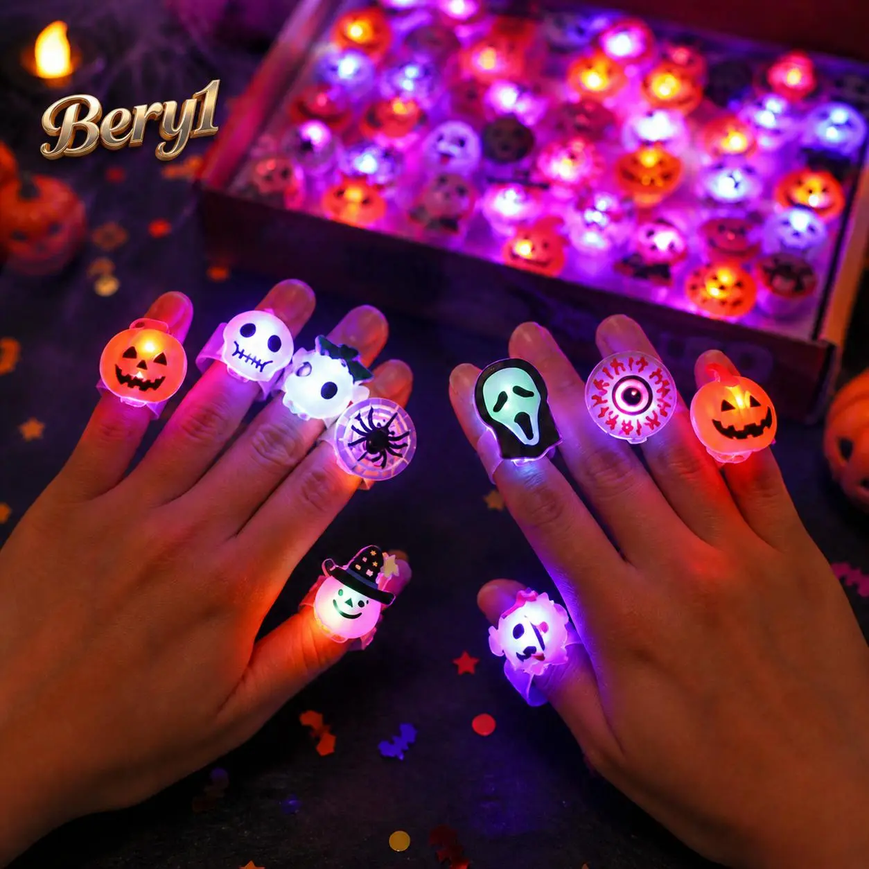 Halloween 50-Piece Light Up Ring Toys, 3D LED Flashing Glow in the Dark Party Supplies, Bery1--Non-Candy Treats, Prizes, Favors and Gifts for Kids & Adults, Goodie Bag Stuffers
