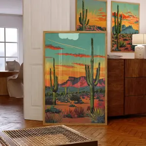 Vintage Postcard Colorful Desert Art Poster Print Unframed, Room Decor, Wall Decor Southwest Living Room Art Print Two Saguaro Landscape Print