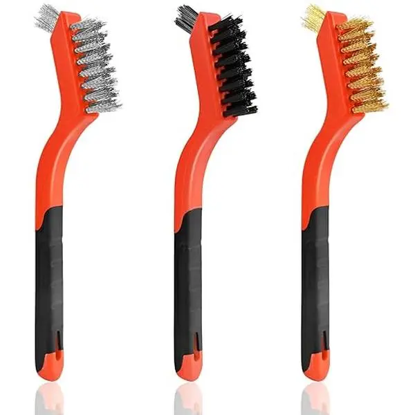 3-Pack Curved Handle Wire Brush Set - Brass, Nylon, Stainless Steel Bristles for Rust, Paint Stain Removal Cleaning