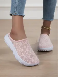 Women Breathable Lace Slip On Mule Sneakers Thick Sole Non Slip Backless Walking Shoes