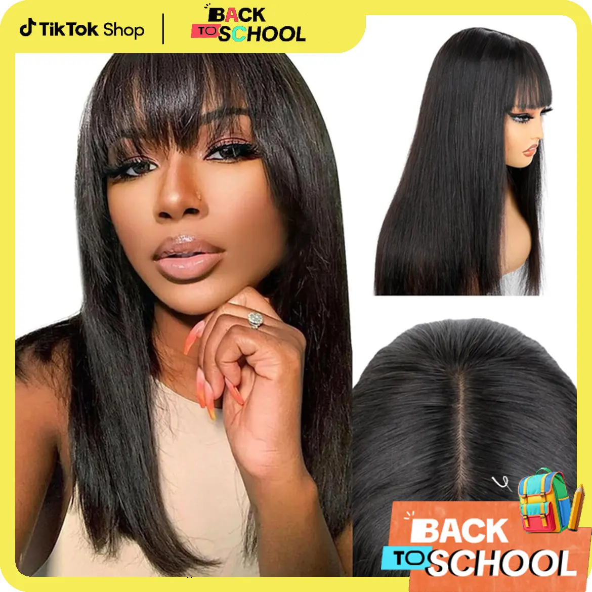 [New In Upgrade With Drawstring] Mamushow Straight Wigs with Bangs Human Hair 2x4 Lace Wig with Drawstring 180% Density Middle Part for Black Women Glueless Machine Made Wigs #TikTokShopBackToSchool#SohoChic
