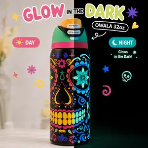 Owala 32oz FreeSip Stainless Steel Insulated Water Bottle with Locking Flip Lid Glow in The Dark Leakproof Double Wall Travel Bottle Colorful Pattern Reusable Sports Water Bottle for School Gym Hiking