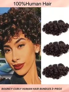 6 Inch Voluminous Curly Hair Wigs, 3 Pack Brazilian Remy Human Hair Extensions, Deep Short Curl, Double Layered