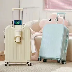 2024 High-Tech Carry-On Luggage: Lightweight 20"-24" with 360° Swivel Wheels, Secure Combination Lock, Durable Construction, Cup Holder, Side Hooks, and USB Charging Port – Perfect for Seamless Cabin-Friendly Travel