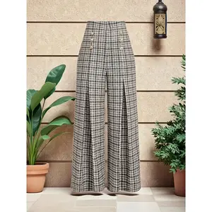 Plus Size Vintage Plaid High Waist Wide Leg Pants, Elegant Grid Design, Comfortable Fashion Women's Clothing