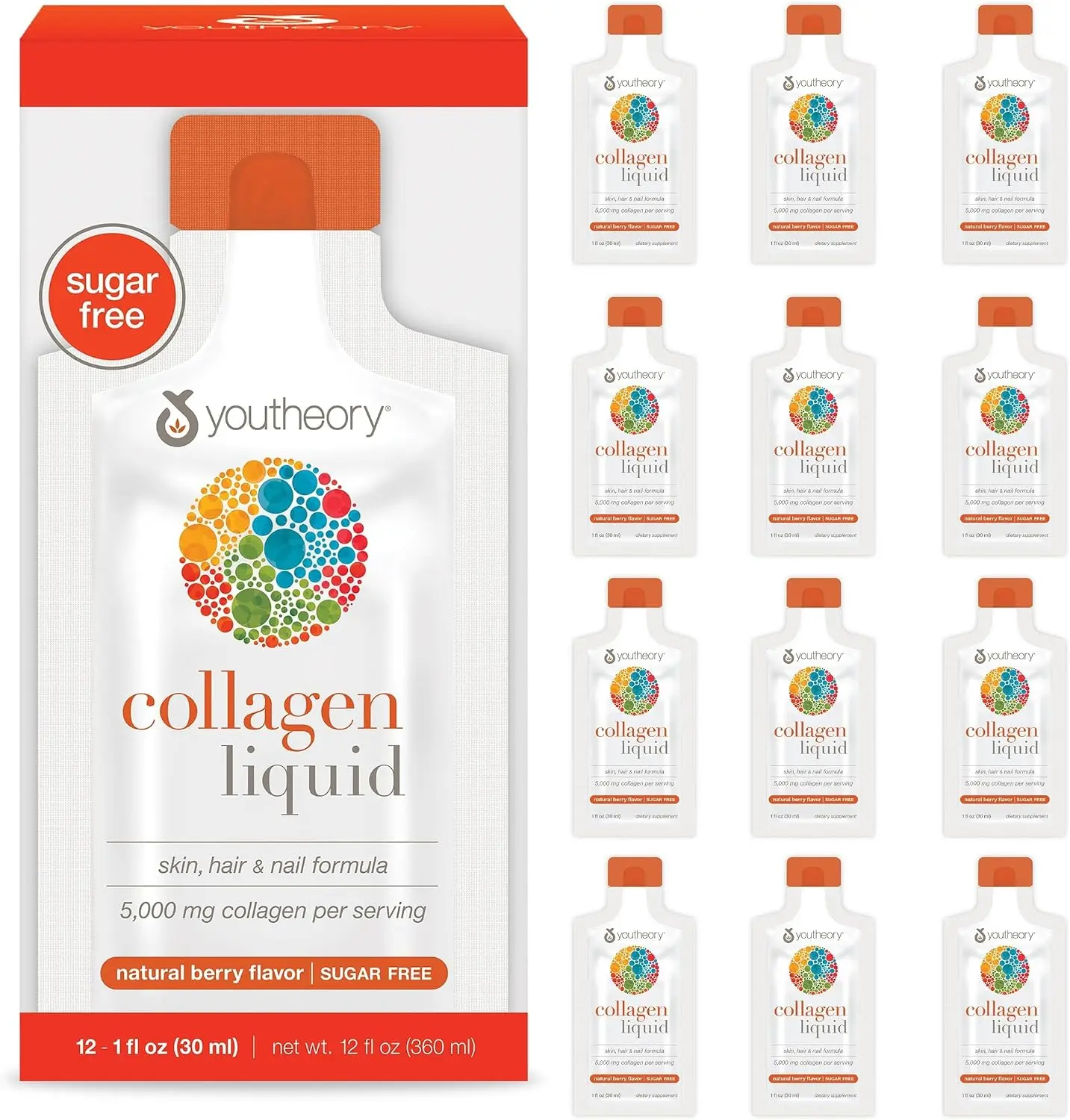 Youtheory Collagen Liquid - 5,000 mg Hydrolyzed Collagen Peptides - Supports Hair, Nail, Joint & Bone Health* - Berry Flavor - 1 oz Single Serve Packet, Pack of 12