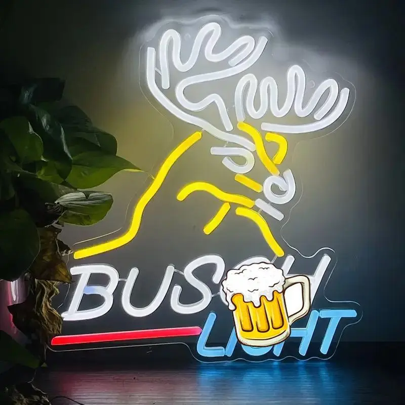 Neon LED Beer Deer Head Sign - USB-Powered Bright and Versatile 13.5x14.7 Inches Novelty Lighting for Beer Lover Bar, Man Cave Wall Decor (Home Improvement Lights)