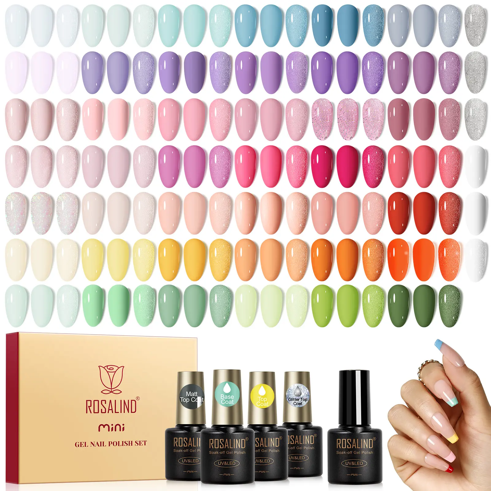 ROSALIND 48-Pcs Mini Bottles Gel Nail Polish Set - 44 Colors, Alcohol-Free Top Coat and Base Coat Gel Polish, Matt & Glitter Finishes, UV Formula, Budget-Friendly for DIY Nails at Home Manicure