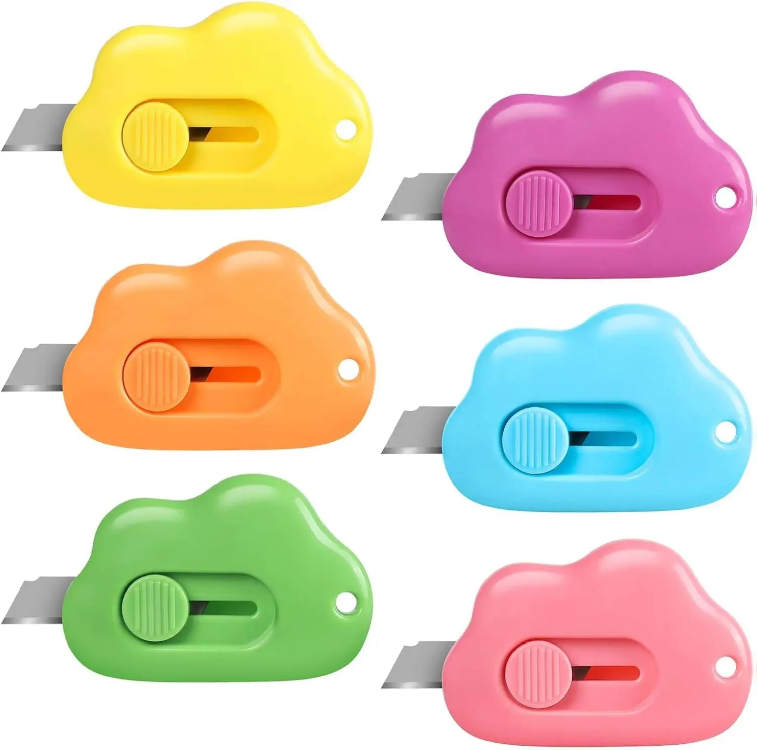 [New Deal] 6Pcs Cloud Box Cutter Retractable, Mini Utility Knife Letter Opener Envelope Slitter, Small Package Opener Paper Cutters with Keychain Hole for Office Home School Stationery DIY Crafts Rainbow Color, Metal Blade