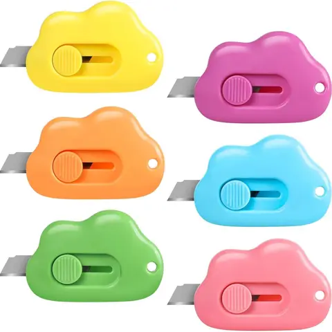 [New Deal] 6Pcs Cloud Box Cutter Retractable, Mini Utility Knife Letter Opener Envelope Slitter, Small Package Opener Paper Cutters with Keychain Hole for Office Home School Stationery DIY Crafts Rainbow Color, Metal Blade