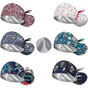 6Pcs Satin Lined Scrub Caps Women, Adjustable Surgical Caps for Women, Nurse Caps for Women Men with Button and Sweatband