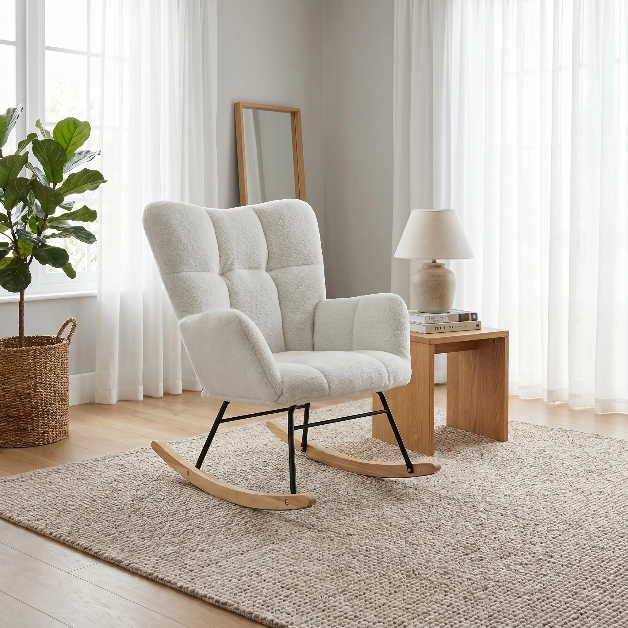 Indoor Teddy Foam-Filled Upholstered Accent Rocking Chair with Wooden Rocking Legs and Floor Protection Pad for Home Daily Rest