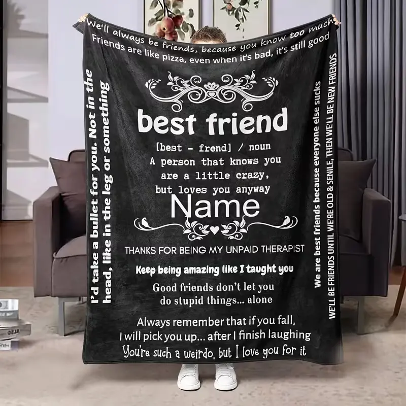 Personalized Best Friend Funny Definition Quote Print Flannel Fleeced Blanket Cozy Throw Blanket Premium Lightweight Blanket Throw Season Cozy Warm Nap Multifunctional Blanket, Black Background Humorous Friendship Saying Pattern Versatile Sentimental Gift