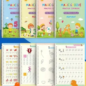 Reusable Magic Groove Children Writing Practice Books (3-6 Years, Age Appropriate), Pre-School Learning Set Includes Letters Numbers Art Math, Ergonomic Pen Holder