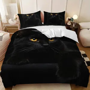 Bedding 3-piece set - 3PCS,black down comforter set with black fur and yellow cat design (1 comforter cover + 2 pillowcases, filling not included).soft and comfortable, suitable for family bedrooms. Bedding Sets