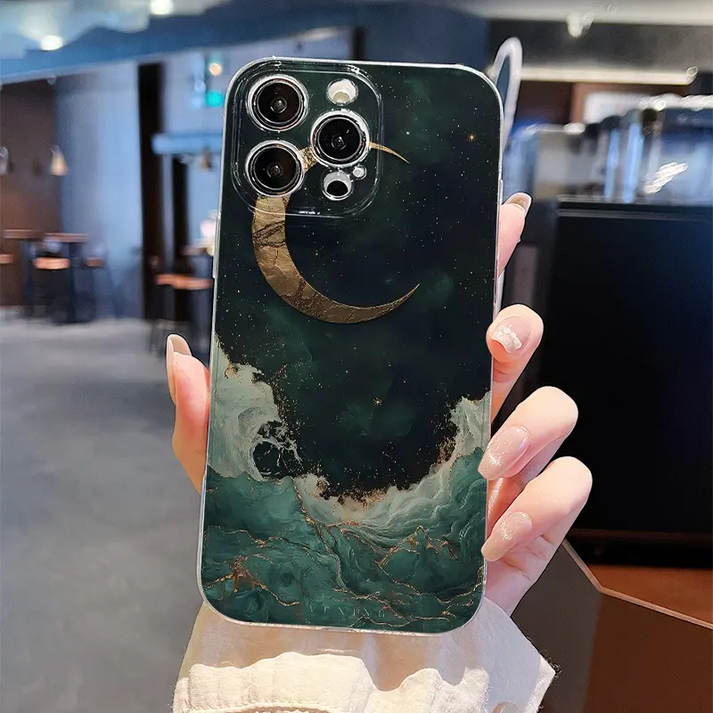 Transparent Fine-Hole TPU Plastic Phone Case with Enchanting Teal Waves & Golden Crescent Moon Pattern - Comfortable Grip, Exquisite Printing, Novelty Design - Compatible with iPhone 17,17 Pro Max,16,16 Plus,15,14,13,12,11,X Plus - Mobile Accessory