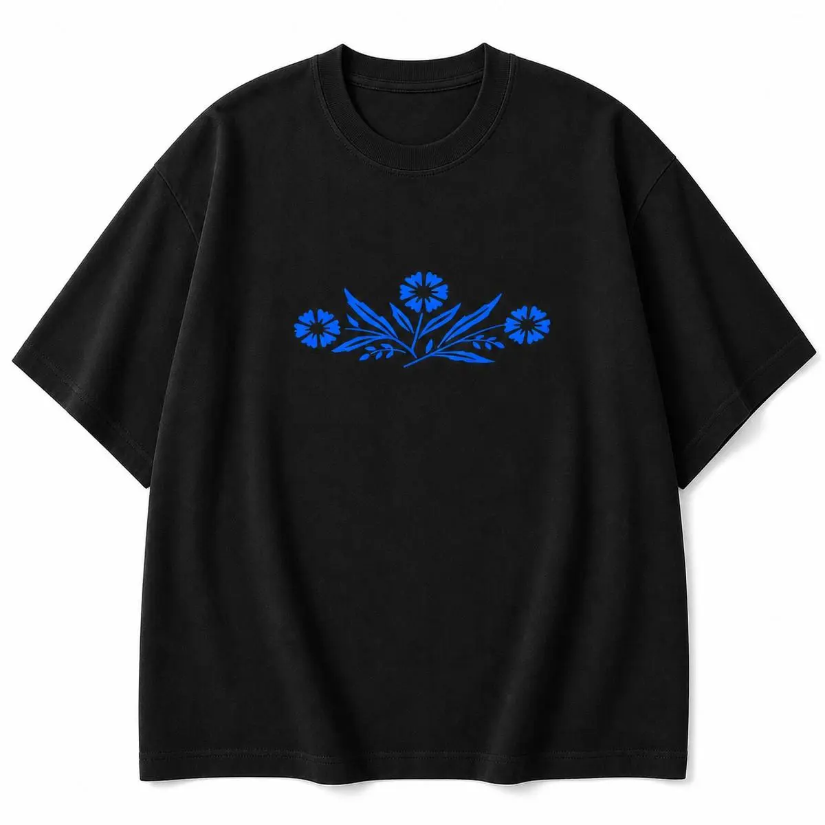 Men’s Pure Cotton Drop-Shoulder Short Sleeve T-Shirt, Customizable with Text, Photos, and Designs, Loose Fit Crew Neck Casual TopMen's Blue Floral Line Cotton Drop-Shoulder Short-Sleeve T-Shirt