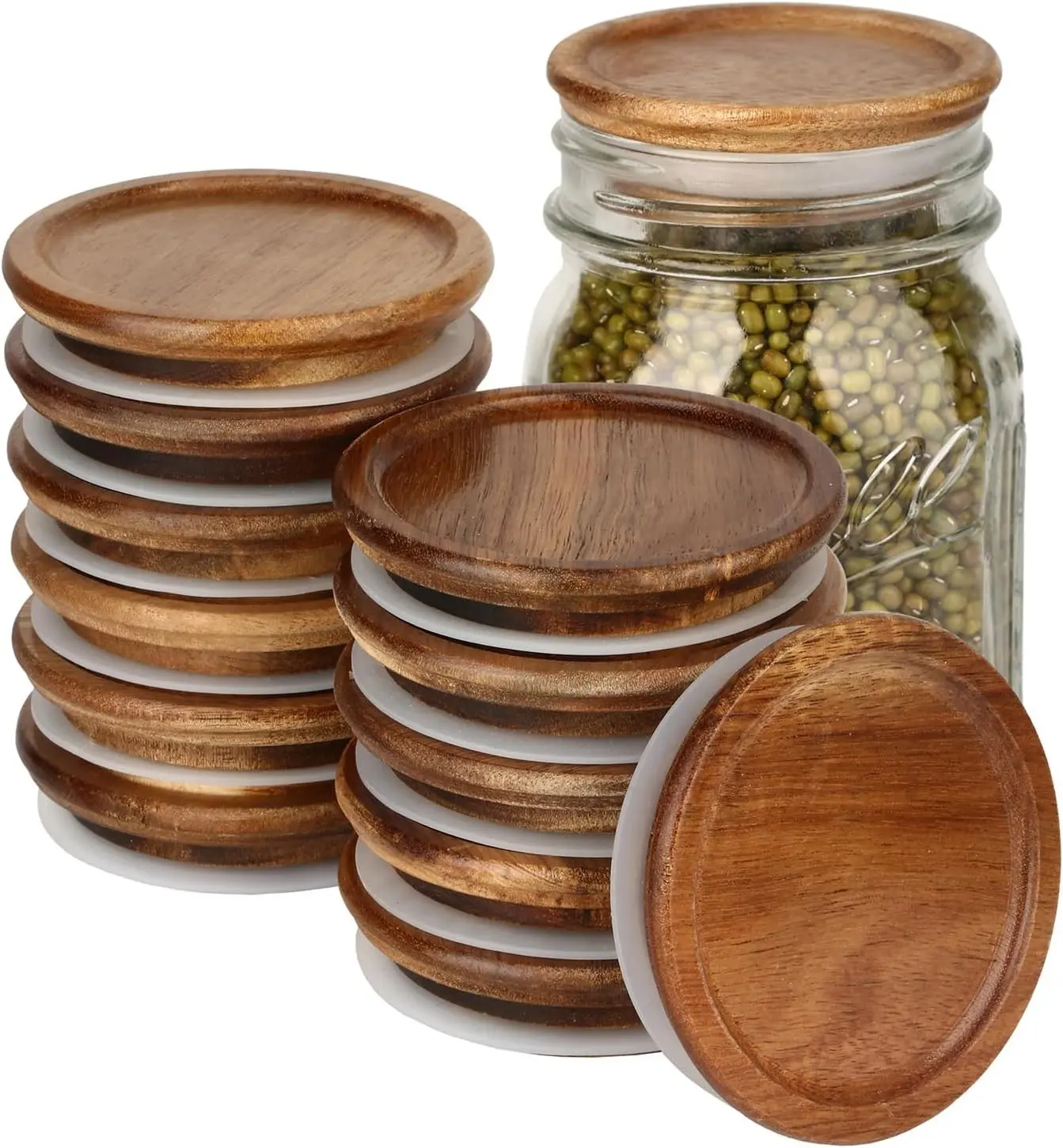 Acacia Mason Jar Lid, Canning Lids Airtight Wide Mouth 12 Pack | Reusable Canning Lids With Silicone Sealing Ring, Premium Natural Luster Solid Durable Wood, Fits Regular Mouth Jars