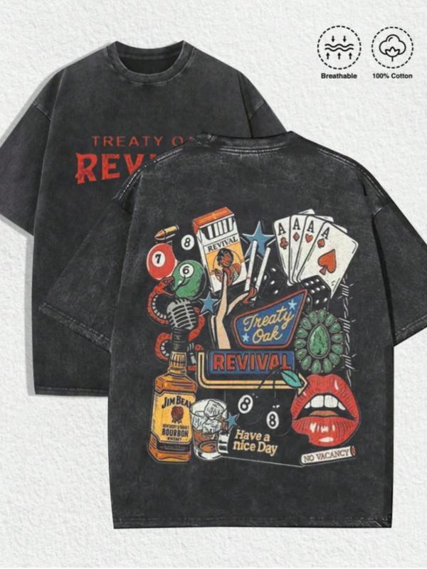 8.11 oz Washed Treaty Oak Revival Retro Elements Graphic T-Shirt | Retro American Street Print Crew Neck Short Sleeve Top for Daily Outings and Casual Gatherings, Loose Fit, All-season, Slight Stretch Fabric