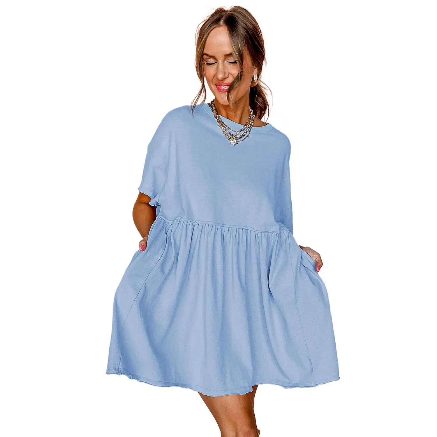 Women's Sky Blue Solid Color Babydoll Dress with Side Pockets and Raw Edge Detail - TikTok Shop Women's Sky Blue Solid Color Babydoll Dress with Side Pockets and Raw Edge Detail - TikTok Shop